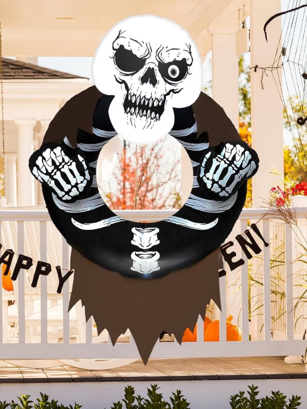 Halloween Inflatable Hanging Skull Wreath 7-Foot - New